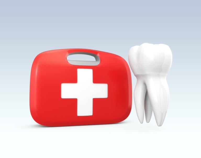 Illustration of a red first aid kit with a white tooth